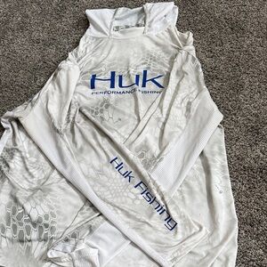 Huk White Fishing Hoodie with Blue Accents